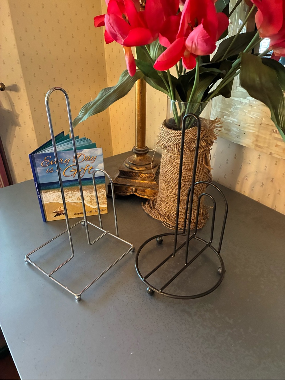 2 Paper towel holders, 1 SILVER, chrome, square base and 1 BRONZE, round base.